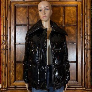 G by Giuliana Black Feather Down Filled Patent Faux Leather Puffer Jacket